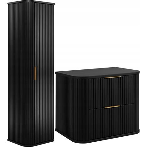 Rodan Badmöbel Set 60,4 cm, 2-teilig, Schwarz, 41,5 x 60 x 51,7 cm, MDF-Fronten, Hochschrank und Waschbeckenunterschrank