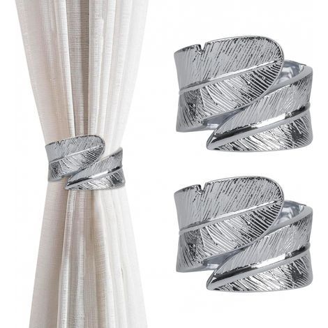 Lot de 2 embrasses de rideaux décoratives en métal avec plumes pour salon, café, maison, bureau - Argenté (1/5)