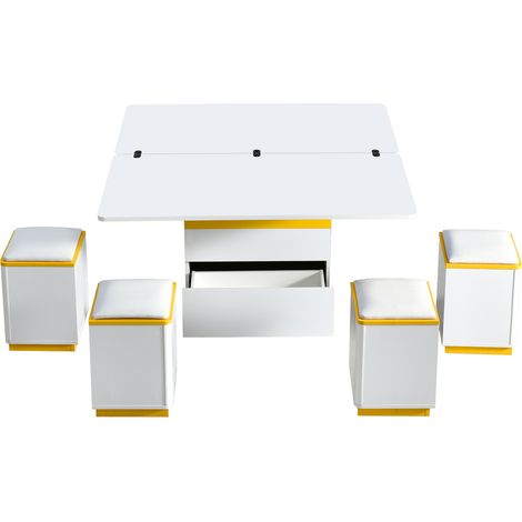 Table basse multifonctionnelle blanche et jaune avec rangement et 4 tabourets, 100 x 50 x 43 cm (1/5)
