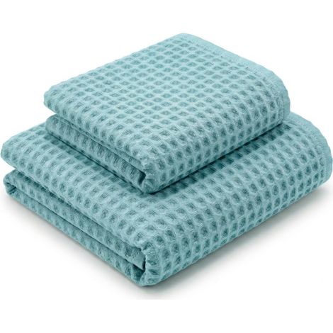 Serviettes en nid d'abeille 100 % coton 330 g/m² Fabriquées en Italie – Ensemble de 2 pièces (60x110 + 40x60) Tex Family – Aigue