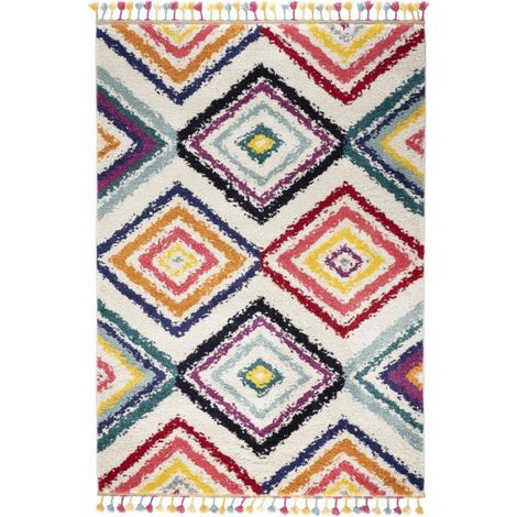 Tapis berbère 200x290 rouge et bleu – Tissé en polypropylène – Poils ras – Certification OEKO-TEX® – Anti-acariens et hydrofuge – Unamourdetapis
