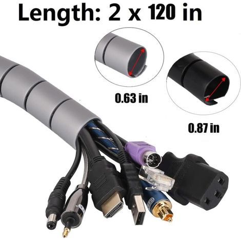 Cache Cable 2 Pack,Flexible Range Cable 2x3m PE Cable Rangement Organisateur de Cable pour Ranger ou Cacher les cables,Gaine pour cables(2.2cm et 1.6cm),Noir et Gris (1/4)