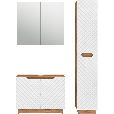 Juego de muebles de baño de 3 piezas Lotta, Roble/blanco con estructura de azulejos, 3 partes, Vicco (1/5)
