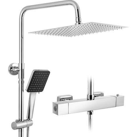 Auralum Max Thermostat Duschsystem Duschsäule, mit 30 x 30 cm Duschkopf, 6-Strahlarten-Duschkopf, höhenverstellbar, Duschset mit Thermostat Mischbatterie, Chrom