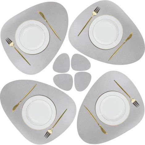 Set de Napperon et sous-Verres en Cuir, Tapis de Table de Noël Antidérapants Essuyables Imperméables pour Cuisine Intérieure Table à Manger Restaurant Fête Barbecue Extérieur (Gris Clair) (1/5)