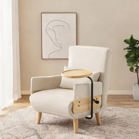 Fauteuil convertible 3-en-1 en tissu beige avec plateau bois (1/5)