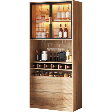 Vitrine avec portes en verre et éclairage LED, meuble de rangement 180 cm en MDF bois clair, étagères ouvertes, tiroirs et porte-verres amovible - CHICFURN (1/5)