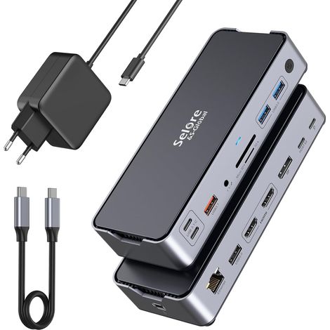 Station d'accueil USB C avec bloc d'alimentation 65 W - Double écran - Station d'accueil pour ordinateur portable - Triple écran avec 2 HDMI, DisplayPort Dock 10 Gbps USB 3.1 A/C, USB3.0, USB2.0, RJ45 (1/5)