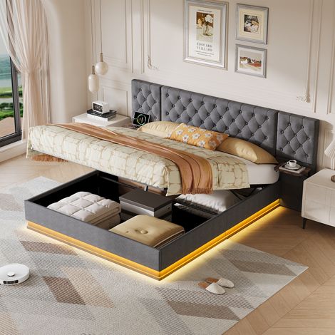 JOOKGBD-Letto a contenitore matrimoniale 160x200cm in lino grigio con grande testiera vintage LED RGB ricarica wireless 15W USB USB-C stoccaggio idraulico rete a doghe adulti (1/5)