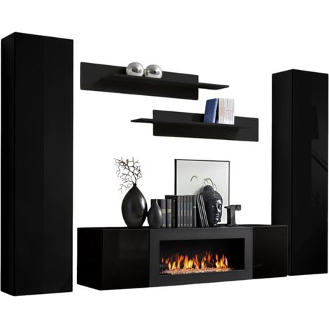 Conjunto de muebles colgantes con chimenea decorativa colección FLY M1. Color negro.