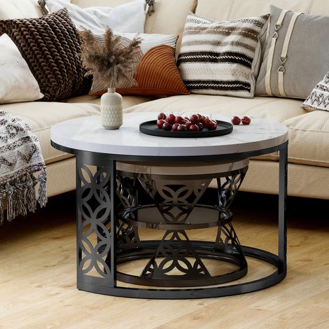 Nesting Tische Metall Schwarz/Weiß, 2er-Set Couchtische mit Marmor-Veneer, 70 cm, platzsparend