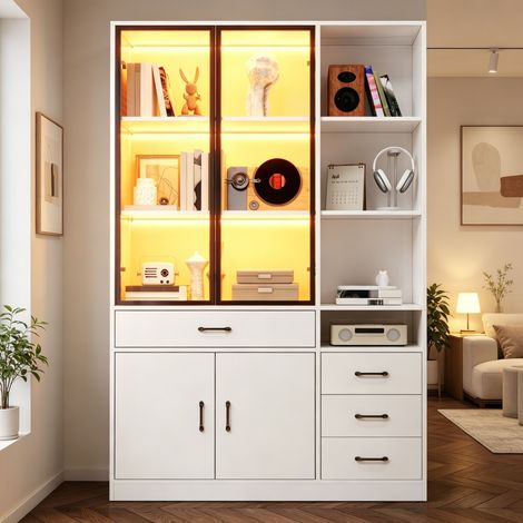 Armoire haute avec vitrine en verre et LED, 120x35x200 cm, bibliothèque blanche avec 13 espaces de rangement, 4 tiroirs et portes vitrées, meuble de rangement, armoire, convient pour salle à manger et (1/5)
