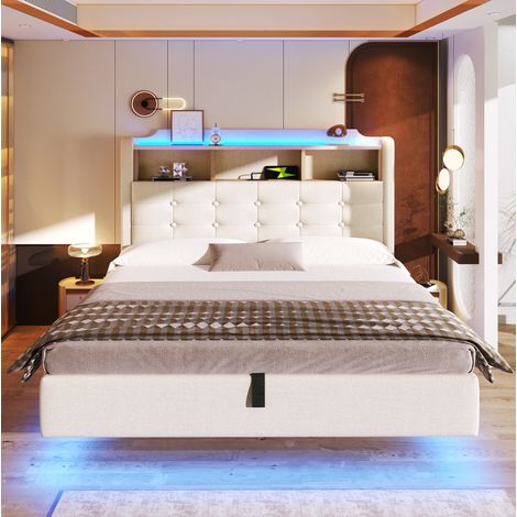 Letto contenitore 140x200 cm in tessuto beige con vano contenitore per camera FloraGrace (1/5)