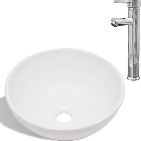 Vasque Lavabo à Poser Rond avec Mitigeur Céramique Salle de Bain Blanc Ø 32,5 x 14 cm (1/5)