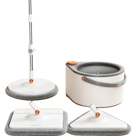 Ensemble de seau et de serpillère rotative, tissu en microfibre, poteau en acier inoxydable, tête de serpillère en polypropylène, design pliable à 90°, 6 tampons lavables (1/5)
