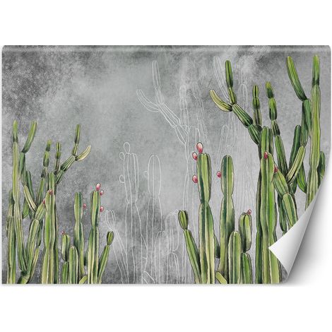 Fototapete Grün Kaktus Blumen Betonoptik Grau 100x70 cm