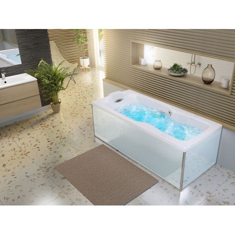 Kinedo - Baignoire Balneo Rectangulaire - Kineplus - Blanc - 180 x 80 cm - Fabrication française - Tête à gauche - Avec tablier (1/4)