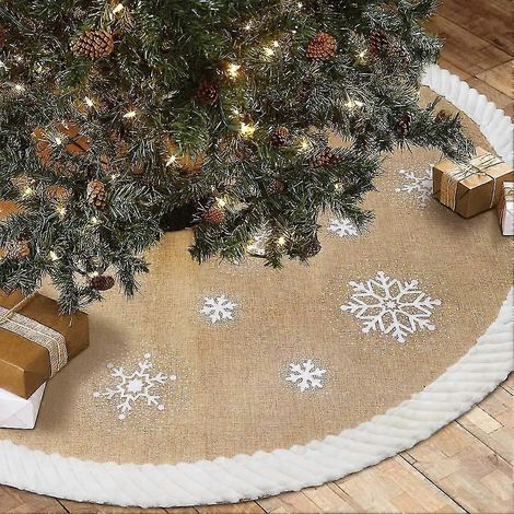 Falda para árbol de Navidad de 122 cm (48 pulgadas), falda de arpillera con copos de nieve blancos para decoración navideña festiva. (1/5)