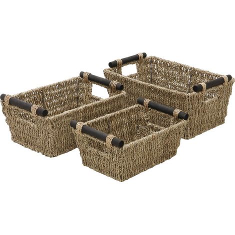 Hand Woven Seagrass Set of 3, Tapered Storage Baskets with Wooden Handles (1/4)