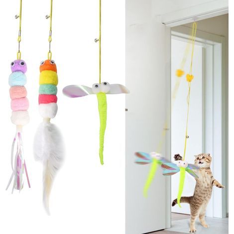 Cat Toy Hanging on Door 2m Simulation Feather Toys, 3Pcs Catnip Toys Indoor Elastic Cat Toy, Realistic Feather Toy for Cats Hanging with Bell, Interactive Toys for Cats
