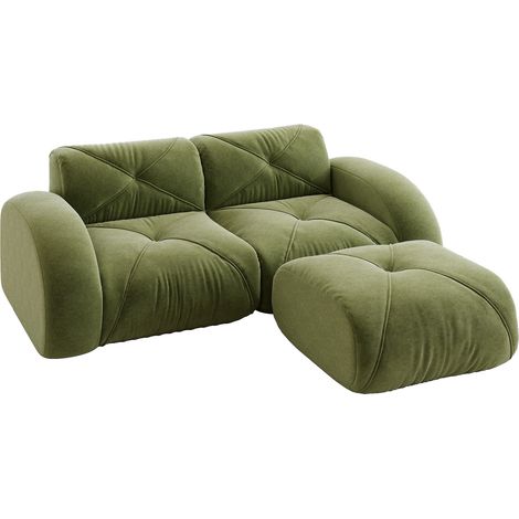 Divano Modulare 2 Posti con Pouf, Schiuma 32D, Schienale Basso, Tessuto Chenille, Verde (1/5)