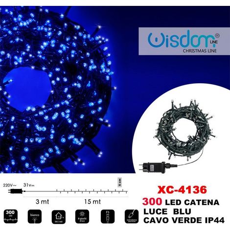 Trade Shop - Catena Luminosa 300 Luci Led Lucciole Luce Blu Cavo Verde Ip44 Xc-4136 -