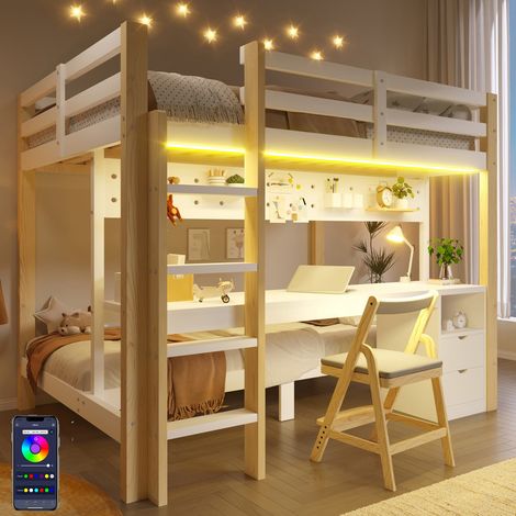 Lit mezzanine 90x200 et 140x200 cm avec LED, Tiroir et Bureau, Lit Enfant en Bois avec Panneau Perforé et Balustrade, Lit en Hauteur Pin, naturel (1/5)