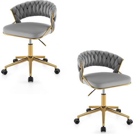 COSTWAY 2Pcs Swivel Home Office Desk Chair Adjustable Upholstered Computer Chair-Grey (1/5)