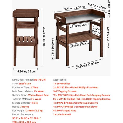 VEVOR Potting Bench Table, Outdoor Gardening Workstation with 78 x 38 cm Wood Tabletop, Storage Shelves, Hooks, Garden Planting Work Station for Outside Patio, Backyard, Balcony, Brown (1/4)
