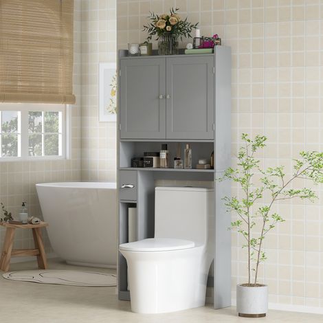 Meuble WC Dessus Toilette/Machine à Laver  2 Portes + 3 Compartiments + Porte-Papier  80x19,5x170 cm  Gris