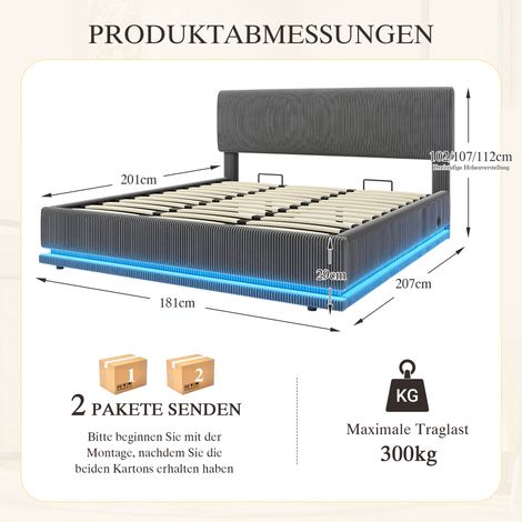Lit contemporain rembourré avec éclairage LED et port USB-C, tête ajustable en hauteur, housse en velours côtelé, sommier à lattes résistant, grand tiroir de rangement intégré, couchage confortable. 1 (1/5)