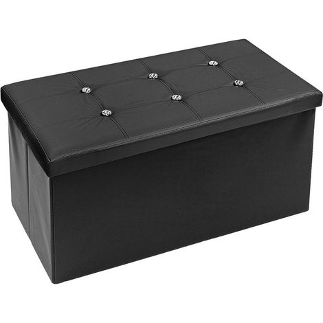 Cassapanca Contenitore Pouf Portaoggetti Poggiapiedi Diamante Strass Swarovski Tinta Unita 76x38x38 cm - Nero