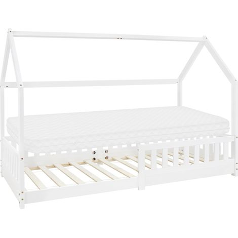ML-Design Letto a Casetta per Bambini 90 x 200 cm Bianco, in Legno di Pino, Struttura con Protezione Anticaduta, Lettino a Terra Montessori con Materasso da 10 cm in Schiuma Fredda per Cameretta (1/5)