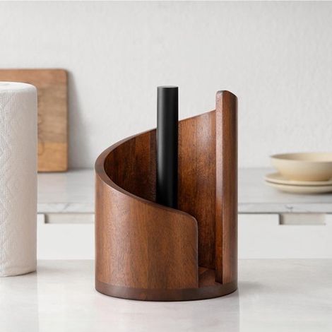 Porte-rouleau de cuisine sur pied en bois, élégant modèle autoportant sur une base ronde, organisateur pour la cuisine et la table à manger avec structure en fer, marron (1/5)