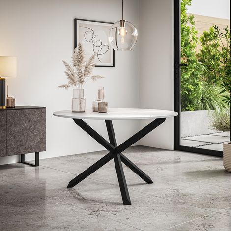 Malvern Round Dining Table White Marble Effect Table Top w Solid Black Oak Legs (1/4)