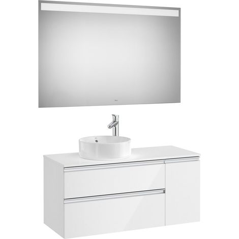 Pack meuble "The gap" 1100 pour vasque à gauche - 2 tiroirs + 1 porte + plan + miroir LED - blanc brillant - Roca (1/2)