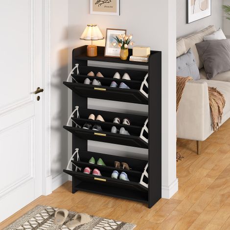 Meuble à chaussures (avec 3 portes basculantes)  Meuble à chaussures d'entrée (avec 6 compartiments)  Meuble de rangement pour salon  Matériau : MDF  Finition thermopressée  Largeur réglable (1/4)