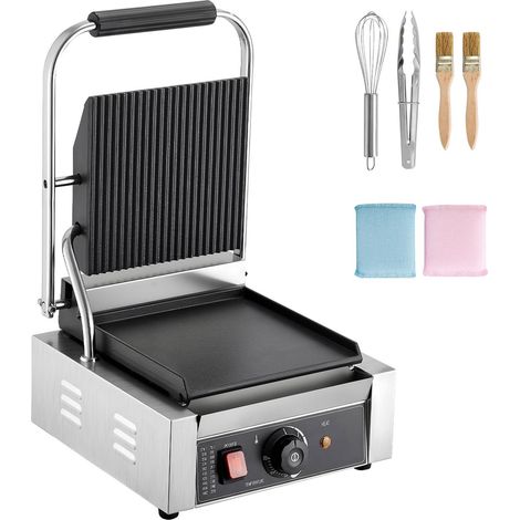 Grille Panini Professionnelle 1800W, Presse à Sandwichs en Inox avec Poignée et Thermostat, Plaque Émaillée Plate 22x23 cm, pour Steak, Bacon et Hamburger. (1/5)