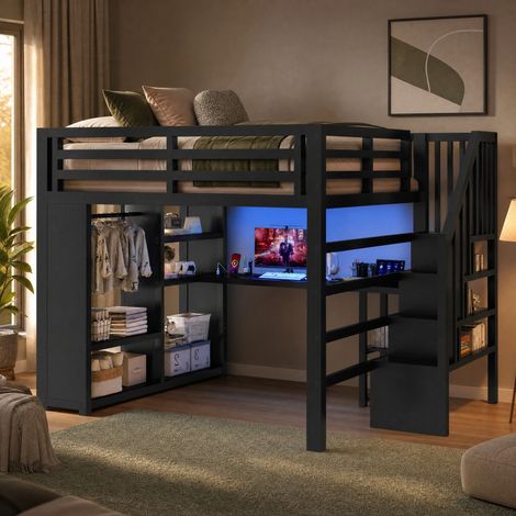 Hochbett 160x200 cm aus Metall mit LED, USB, Schreibtisch und Schrank, Schwarz HAVRYA (1/5)