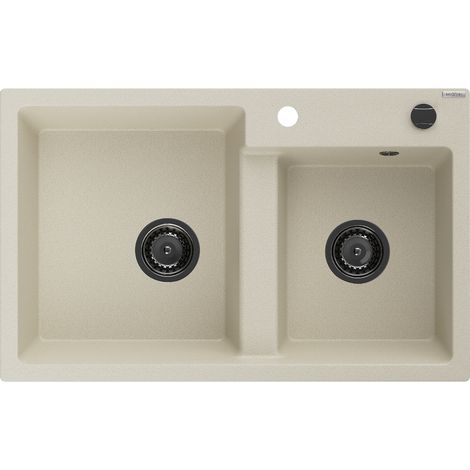 Mexen Tomas évier en granit à 2 cuves 800 x 500 mm, Beige, siphon Noir - 6516802000-69-B (1/5)