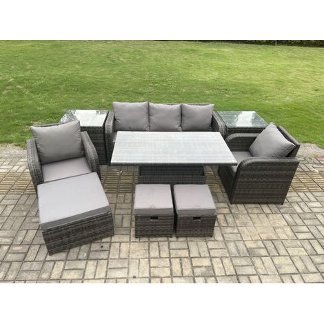 Fimous Outdoor Rattan Furniture Sofa Garden Dining Sets Height Adjustable Rising lifting Table and Chair Set With 2 Side Tables 3 Footstools (1/5)