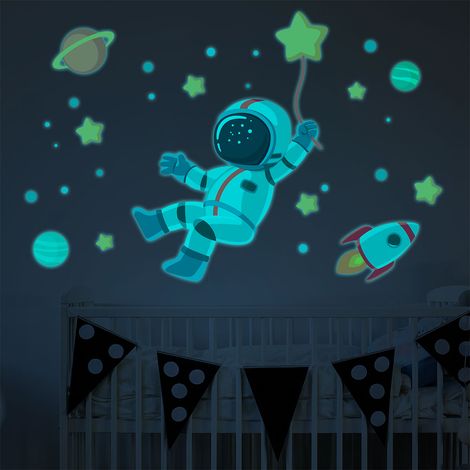 Sticker phosphorescent lumineux - ASTRONAUTE DANS L'ESPACE ÉTOILÉ - Autocollant mural plafond enfant fluorescent - 90x60cm (1/5)