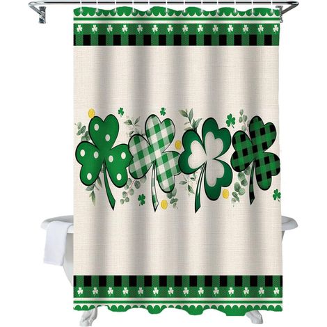 Cortina de ducha para el Día de San Patricio, 72x72 pulgadas, estampado de tréboles verdes, impermeable, con ganchos – compatible con barras de cortina de ducha estándar.