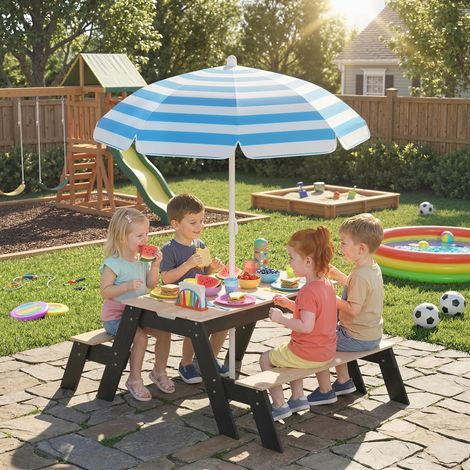 Table de pique-nique pour enfants avec parasol, mobilier de jardin en bois 3 en 1 pour enfants de 3 à 6 ans avec 2 tiroirs de rangement, couleur naturelle (1/5)