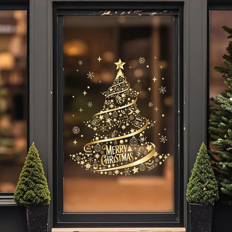 Adesivi Natalizi per Finestre – Design Elegante Doppia Faccia, Motivi Dorati con Alberi e Fiocchi di Neve, Adesione Elettrostatica Senza Tracce, Riutilizzabili per Casa e Vetrine Commerciali (1/5)