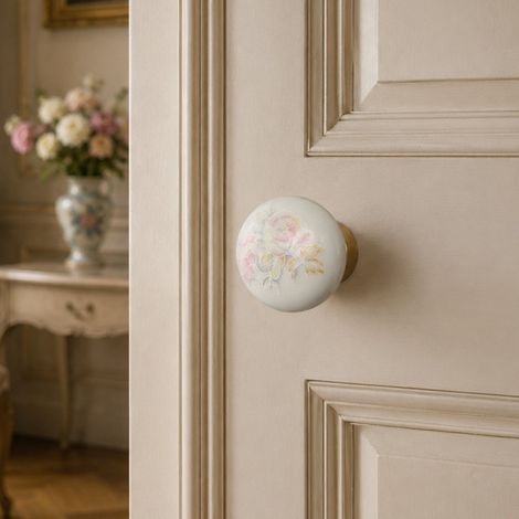 Ouvre&Déco - 2 boutons de porte ROSAE en porcelaine de Limoges – Ø 54 mm – Motif floral – Style classique chic (1/5)