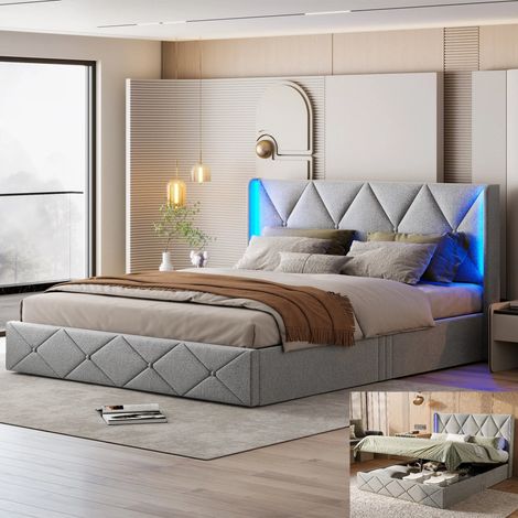 lit 2 Personnes 140 x 200 avec tête de lit et sommier,lit double rembourré avec LED,Lit coffre 140x200,cadre de lit,velours,gris (1/5)