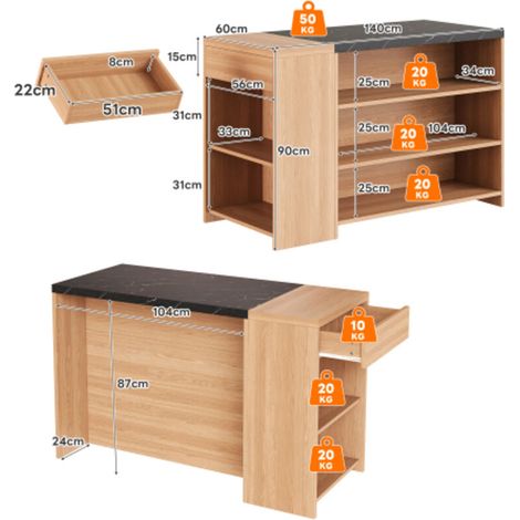 Îlot de cuisine / comptoir de bar – 5 niveaux de rangement, tiroir dissimulé, plateau épaisseur renforcée, chêne et noir aspect marbre, dimensions 140 x 60 x 90 cm – Meuble central multifonction (1/5)