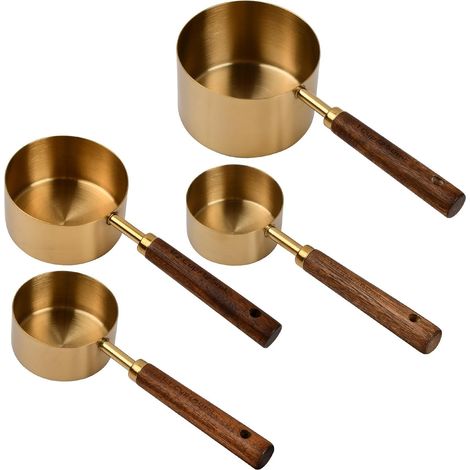 cucharas y tazas medidoras de cobre y acero inoxidable, cuchara medidora con mango de madera, taza medidora de cocina con acabado pulido para hornear, café y té (acacia) (1/5)