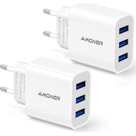 Chargeur Rapide, 2-Packs 15W 3 Port Prise USB Chargeur Rapide, Multi Secteur Universel Chargeur Mural, Adaptateur USB Universel pour iOS, Android, Portables, Windows etc (1/5)